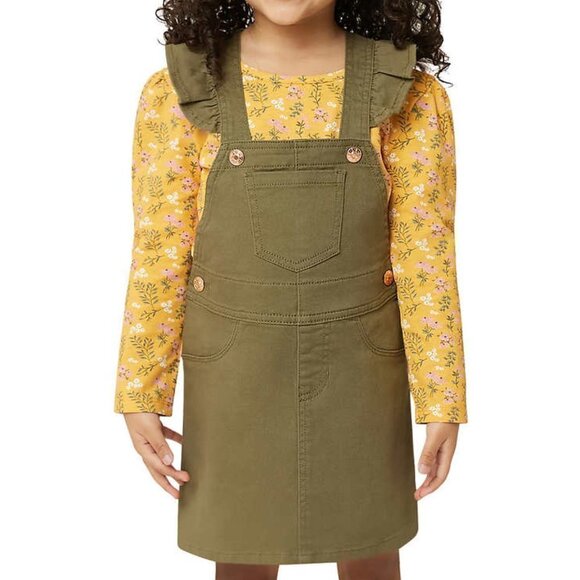 BCBG Girls Olive Yellow Floral Cotton Jumper and Long Sleeve Top Set, size 5 - Picture 1 of 8